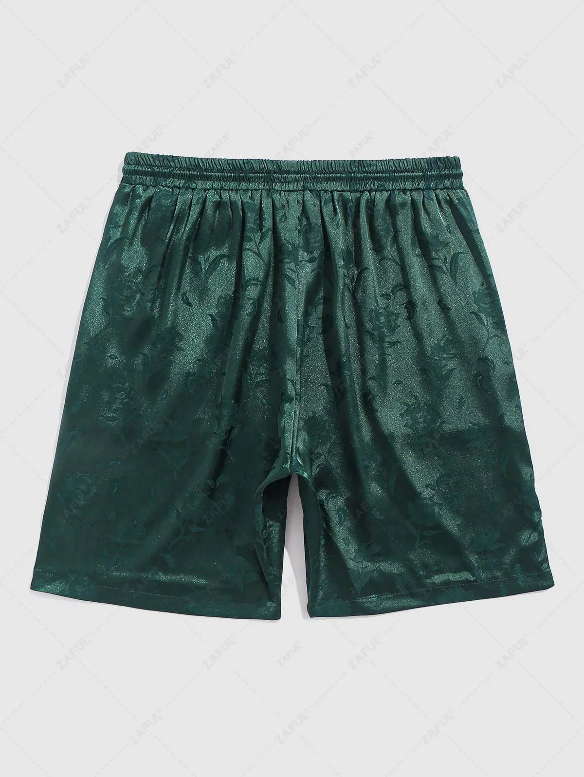 Men\'s Jacquard Silky Satin Floral Print Rose Pattern Button Front Short Sleeve Shirt And Shorts Set BLACK DEEP RED DEEP BLUE DEEP GREEN - PURECLO