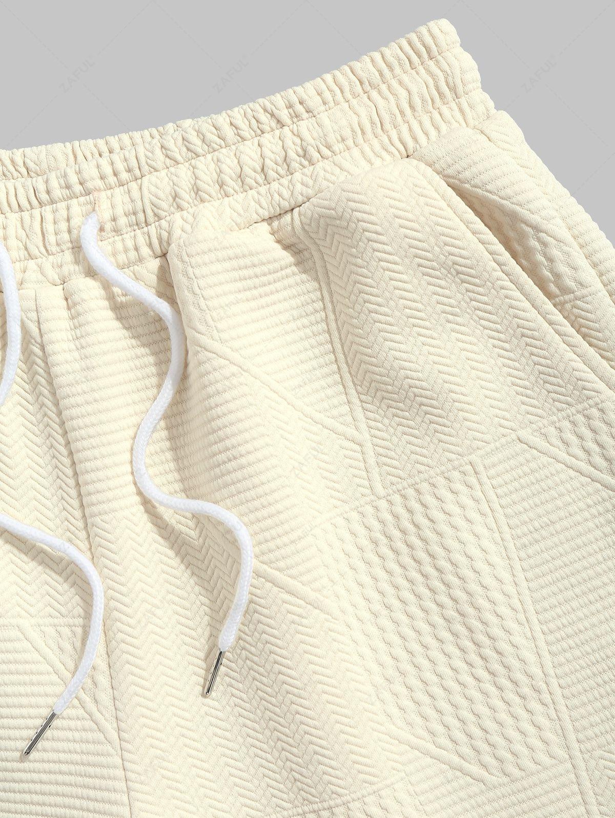 Geometric Textured Short Sleeves Basic T-shirt and Basic Drawstring Shorts Set LIGHT YELLOW COFFEE BLACK WHITE - PURECLO