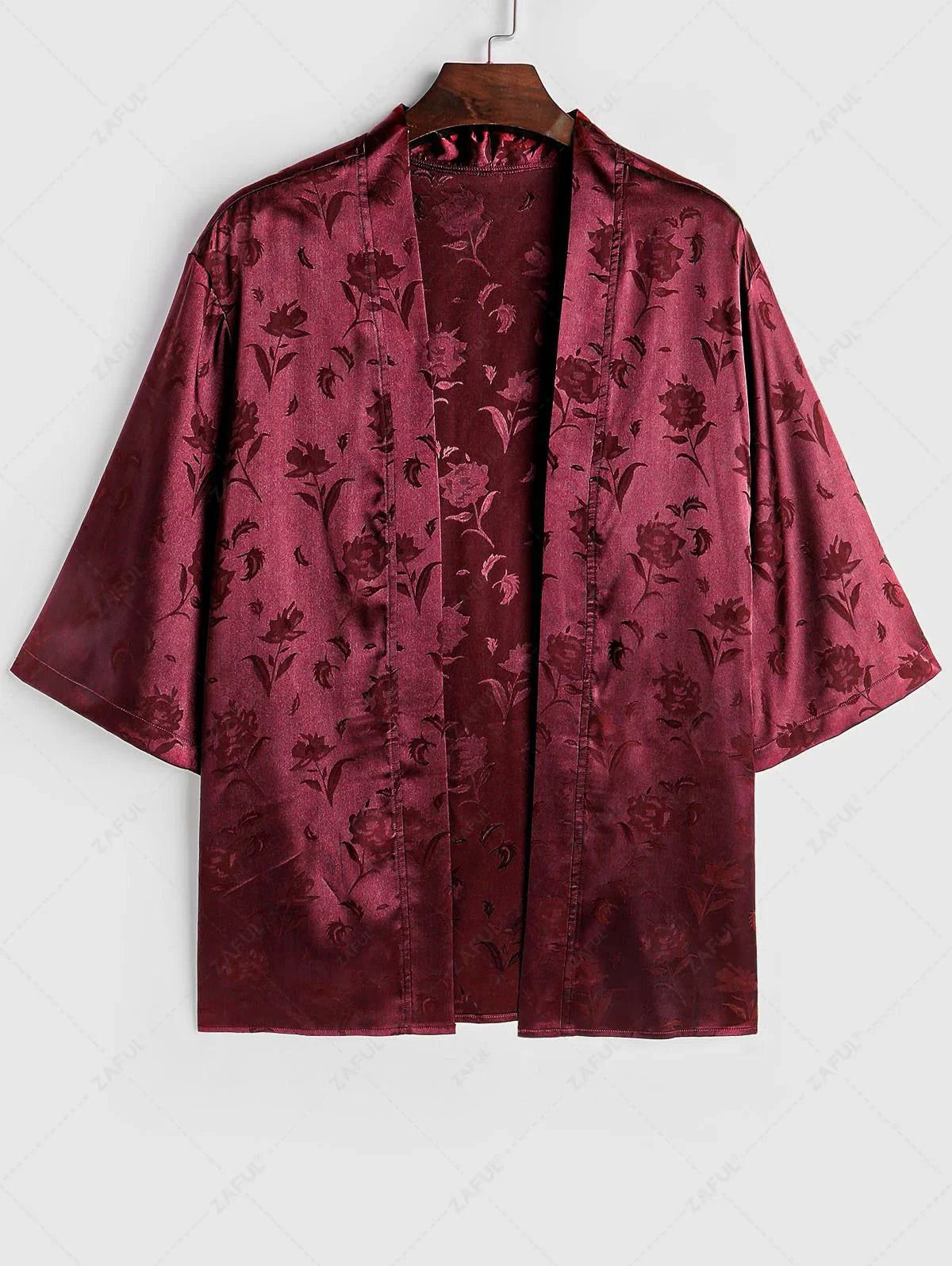 Men\'s Two Piece Outfits Silky Satin Rose Printed Open Front Kimono Shirt and Casual Shorts Set DEEP RED BLACK - PURECLO