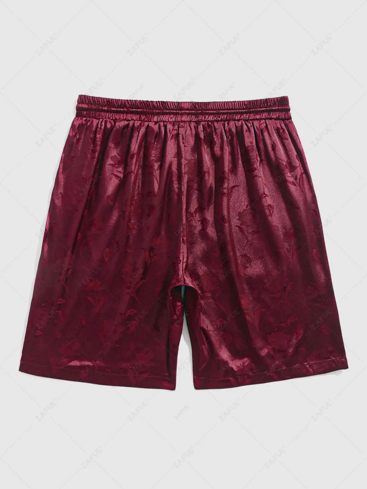 Men\'s Two Piece Outfits Silky Satin Rose Printed Open Front Kimono Shirt and Casual Shorts Set DEEP RED BLACK - PURECLO