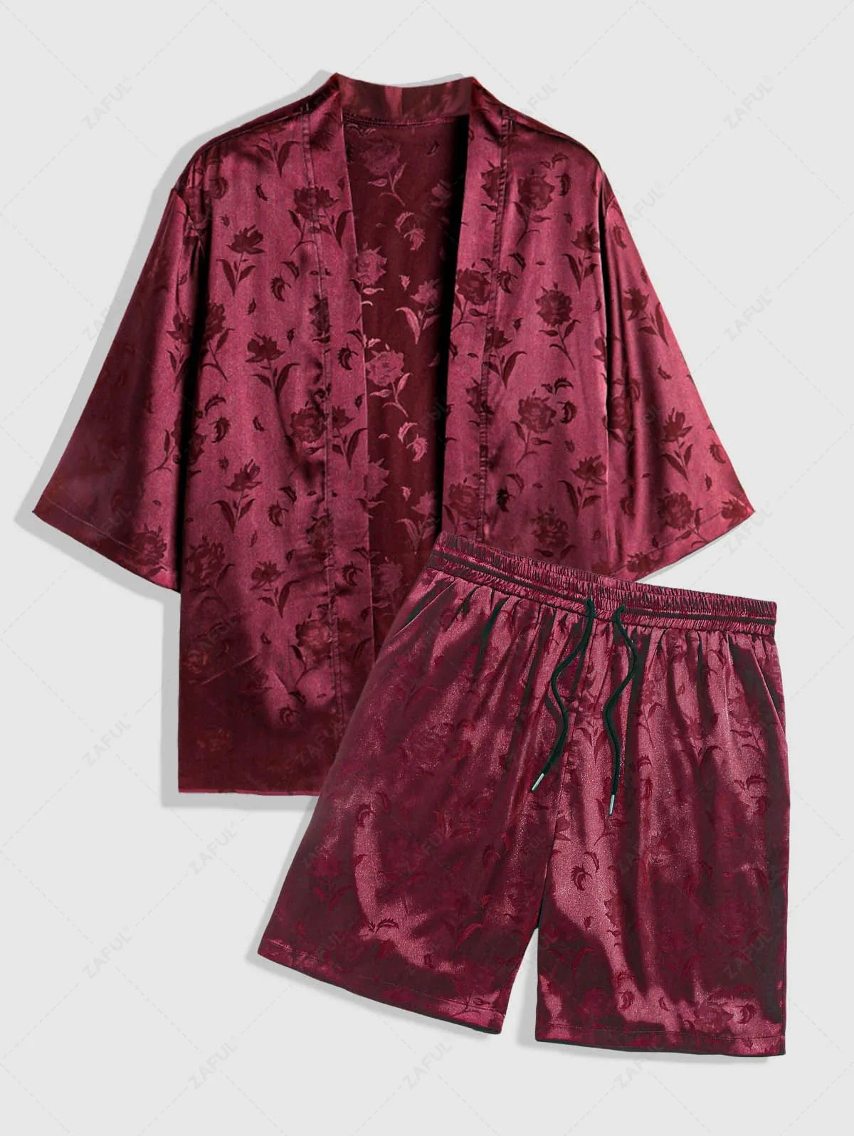 Men\'s Two Piece Outfits Silky Satin Rose Printed Open Front Kimono Shirt and Casual Shorts Set DEEP RED BLACK - PURECLO