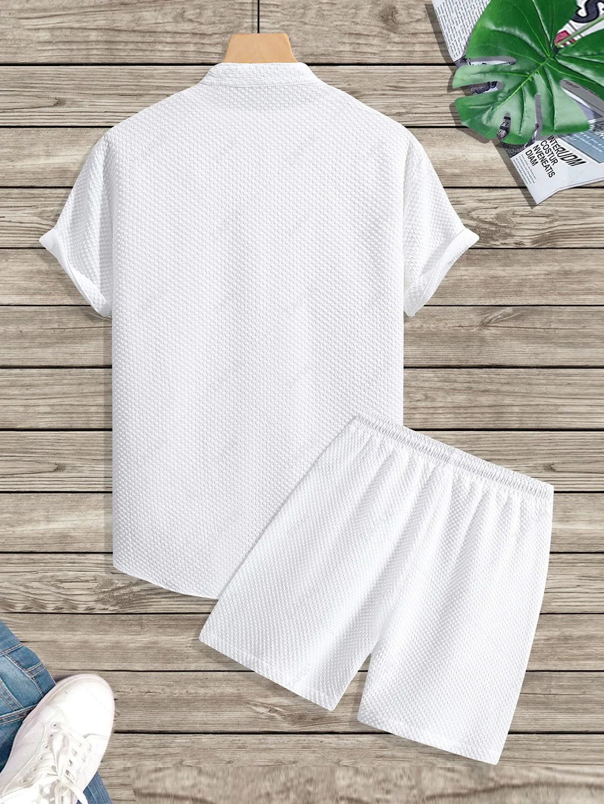 Men\'s Matching Two Piece Co Ord Solid Color Textured Button Up Short Sleeves Shirt and Drawstring Casual Shorts Set LIGHT BLUE WHITE - PURECLO