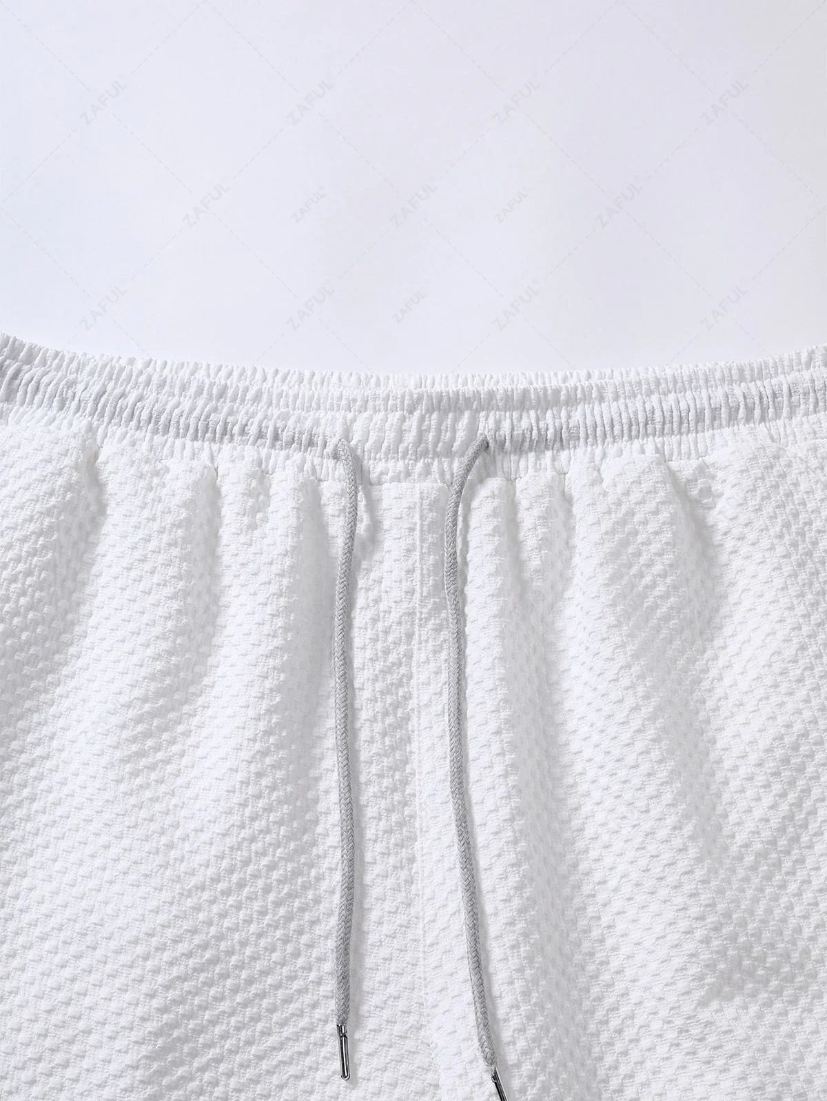 Men\'s Matching Two Piece Co Ord Solid Color Textured Button Up Short Sleeves Shirt and Drawstring Casual Shorts Set LIGHT BLUE WHITE - PURECLO