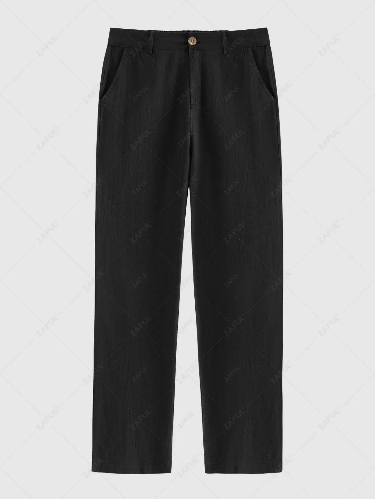 Men\'s Solid Color Jacquard Textured Polo Collar Half Buttoned Short Sleeves T-shirt and Cotton and Linen Straight Leg Pants Set BLACK COFFEE - PURECLO