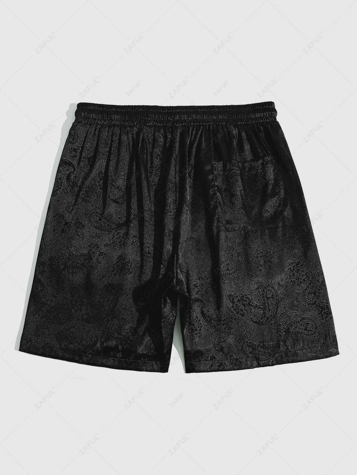 Men\'s Button Up Short Sleeves Paisley Jacquard Silky Satin Shirt and Drawstring Pockets Casual Shorts Set DEEP GREEN BLACK - PURECLO