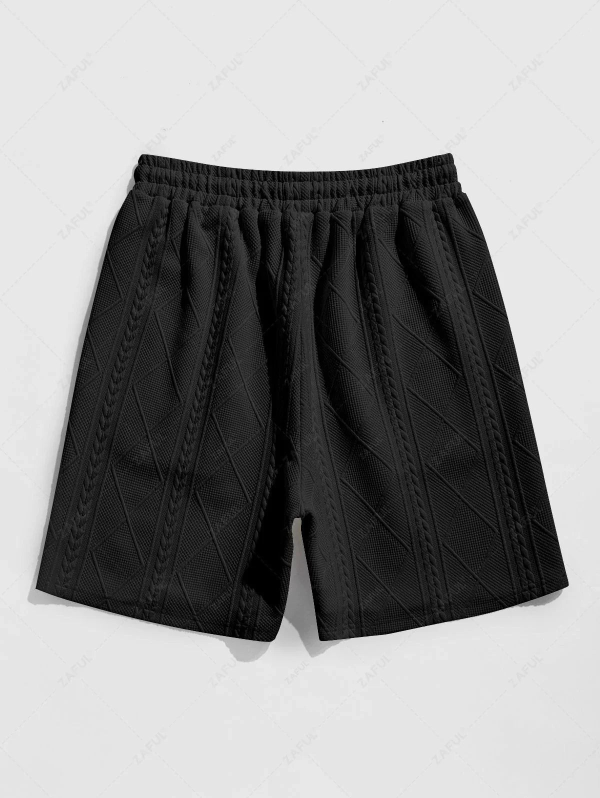 ZAFUL Men\'s Matching Two Piece Co Ord Crew Neck Short Sleeves Cable Geometric Jacquard Textured T-shirt and Drawstring Casual Shorts Set BLACK WHITE - PURECLO