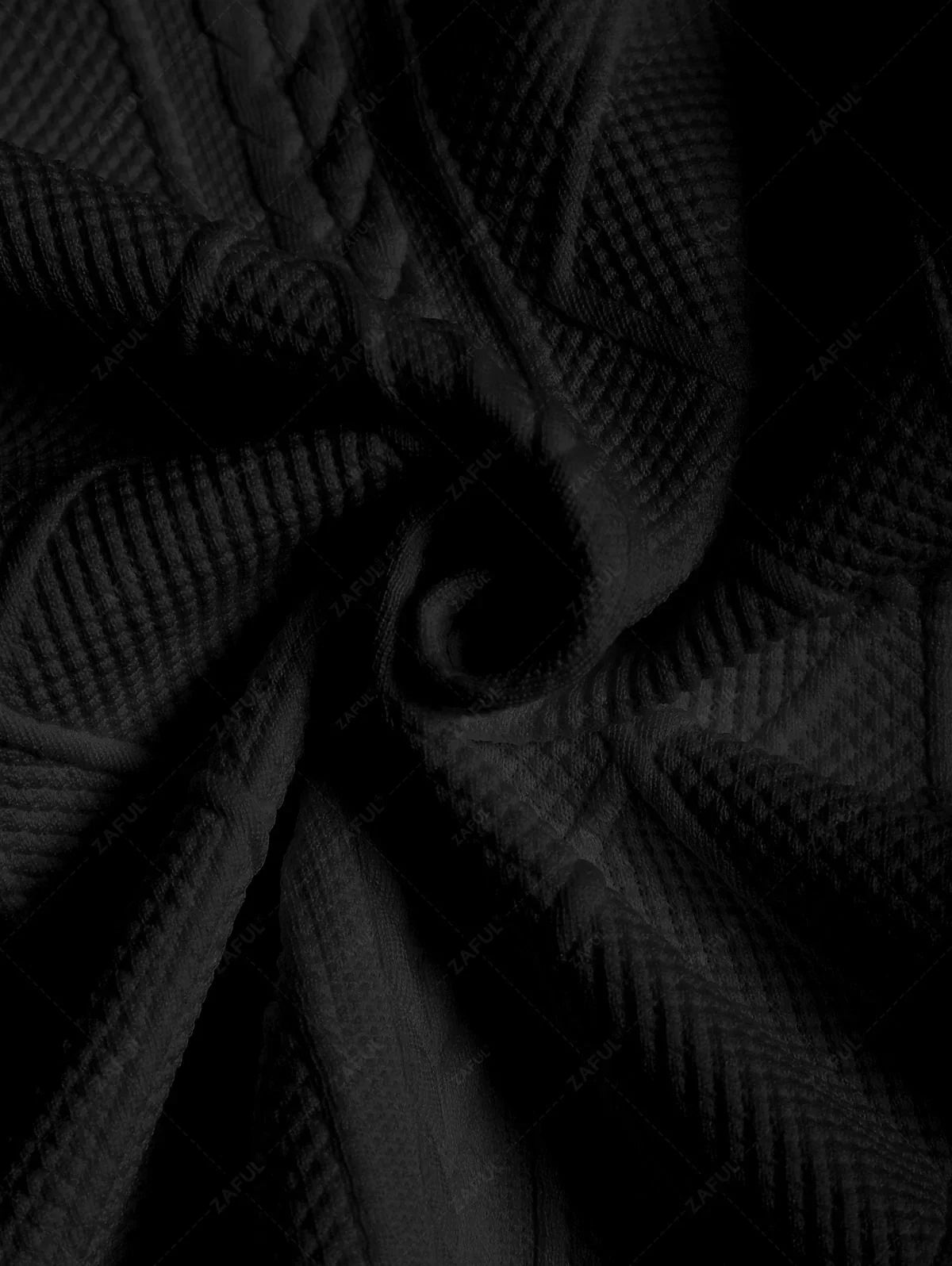 ZAFUL Men\'s Matching Two Piece Co Ord Crew Neck Short Sleeves Cable Geometric Jacquard Textured T-shirt and Drawstring Casual Shorts Set BLACK WHITE - PURECLO