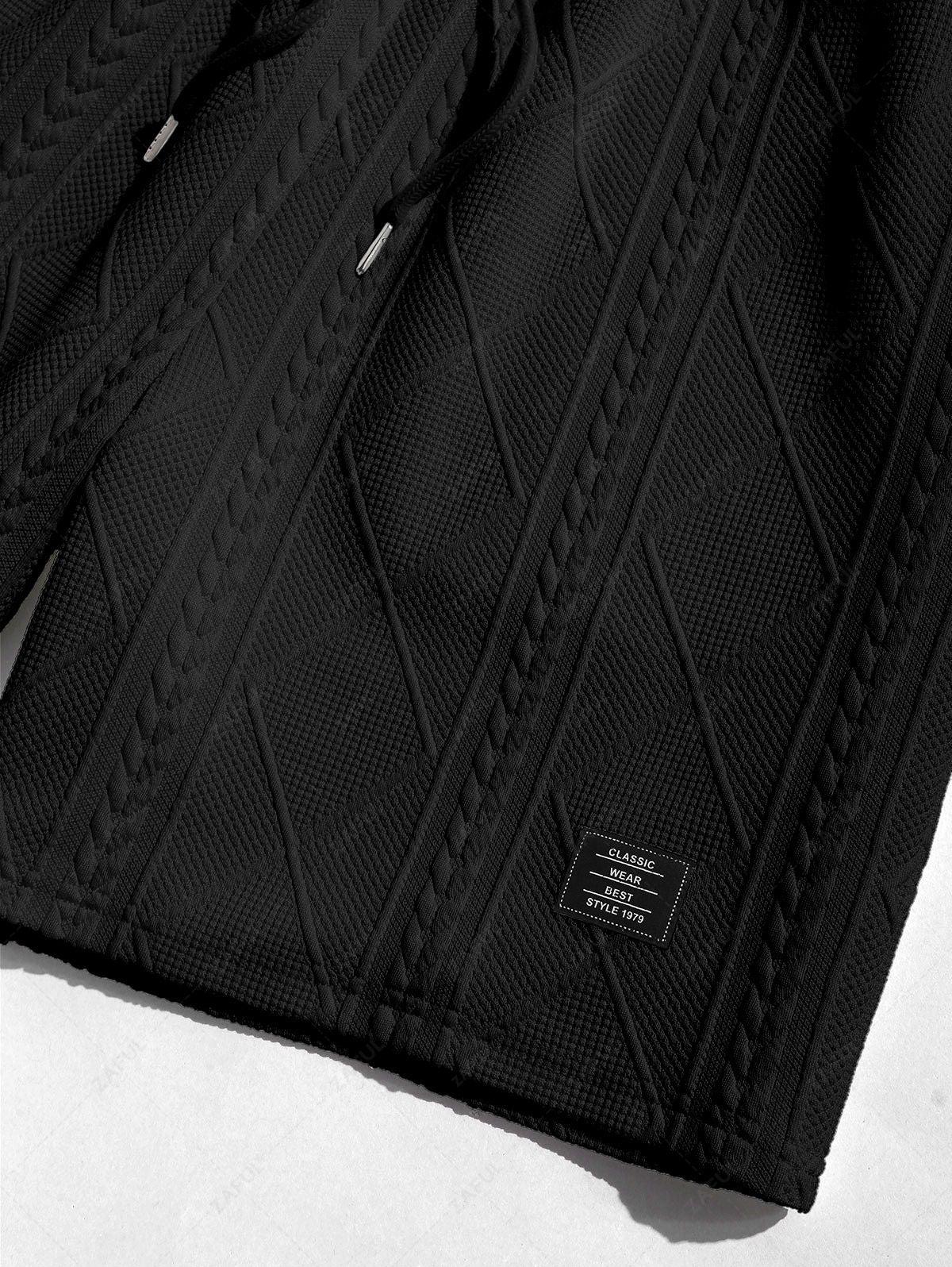 ZAFUL Men\'s Matching Two Piece Co Ord Crew Neck Short Sleeves Cable Geometric Jacquard Textured T-shirt and Drawstring Casual Shorts Set BLACK WHITE - PURECLO