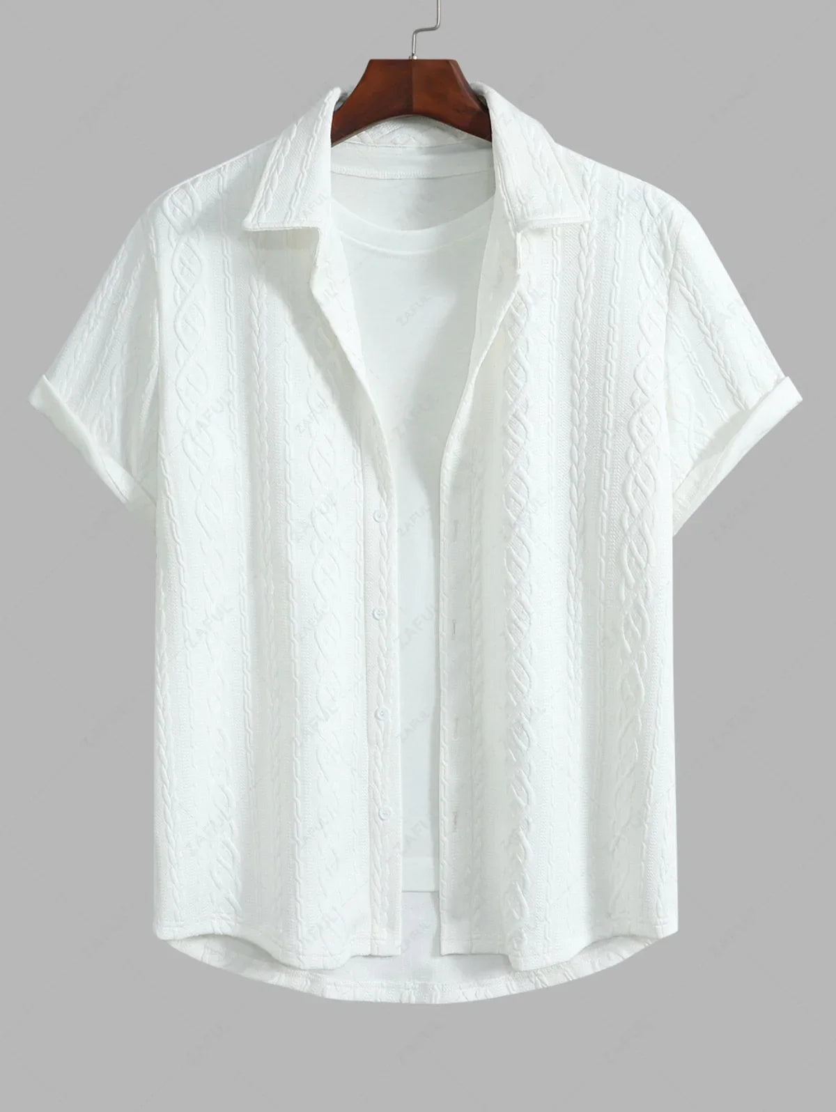 Men\'s Solid Color Cable Knit Jacquard Textured Button Up Short Sleeves Shirt And Drawstring Shorts Set WHITE BLACK COFFEE - PURECLO