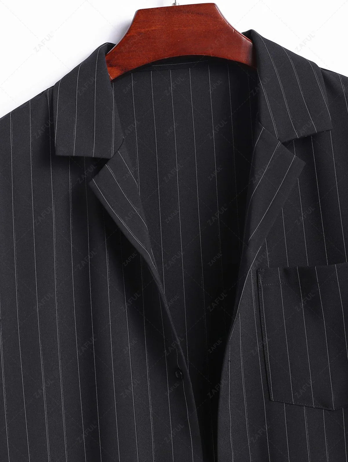 Men\'s Casual Pinstripe Pocket Design Camp Collar Button Up Short Sleeves Shirt And Drawstring Straight Leg Pants Set BLACK - PURECLO