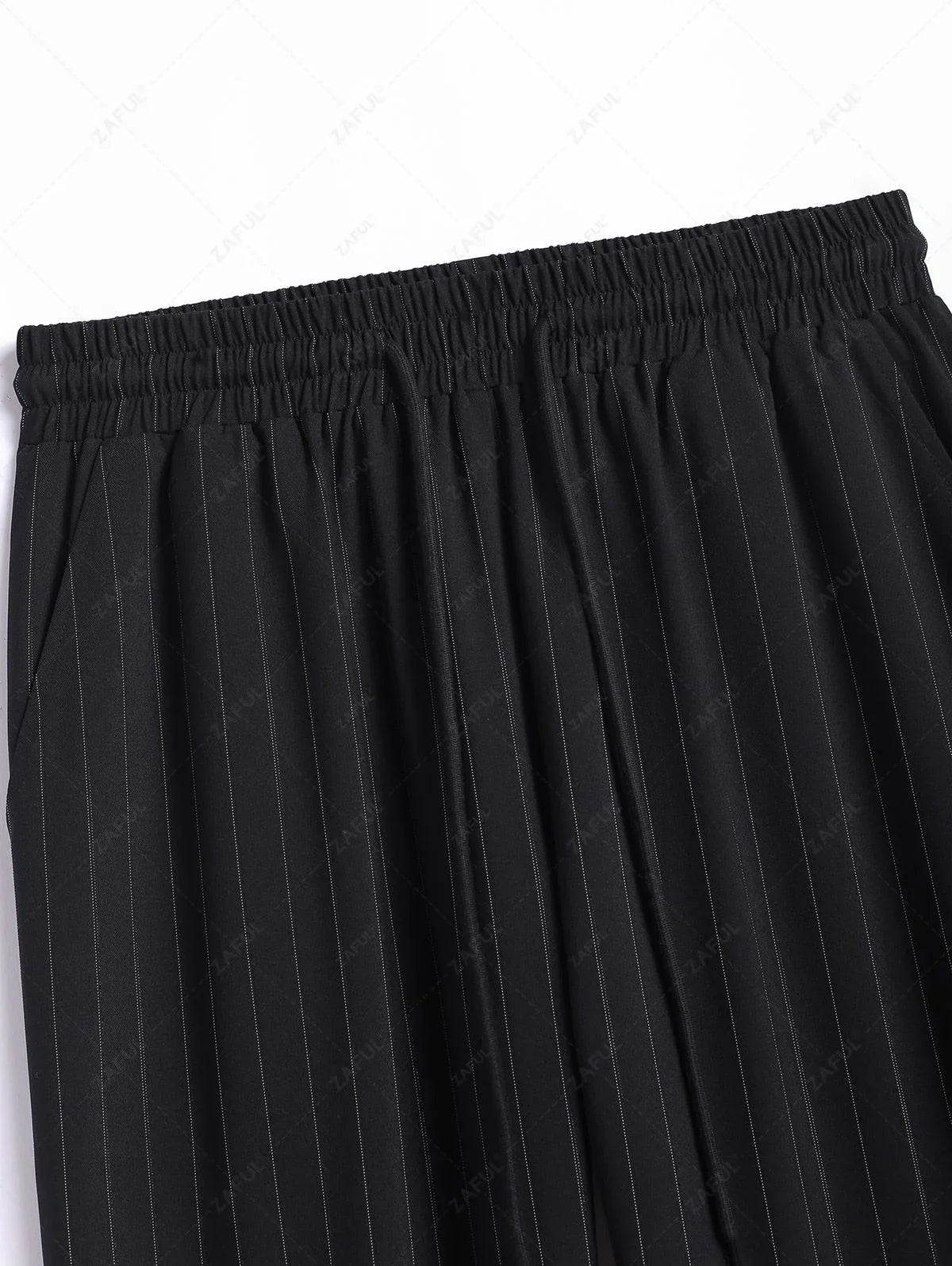 Men\'s Casual Pinstripe Pocket Design Camp Collar Button Up Short Sleeves Shirt And Drawstring Straight Leg Pants Set BLACK - PURECLO