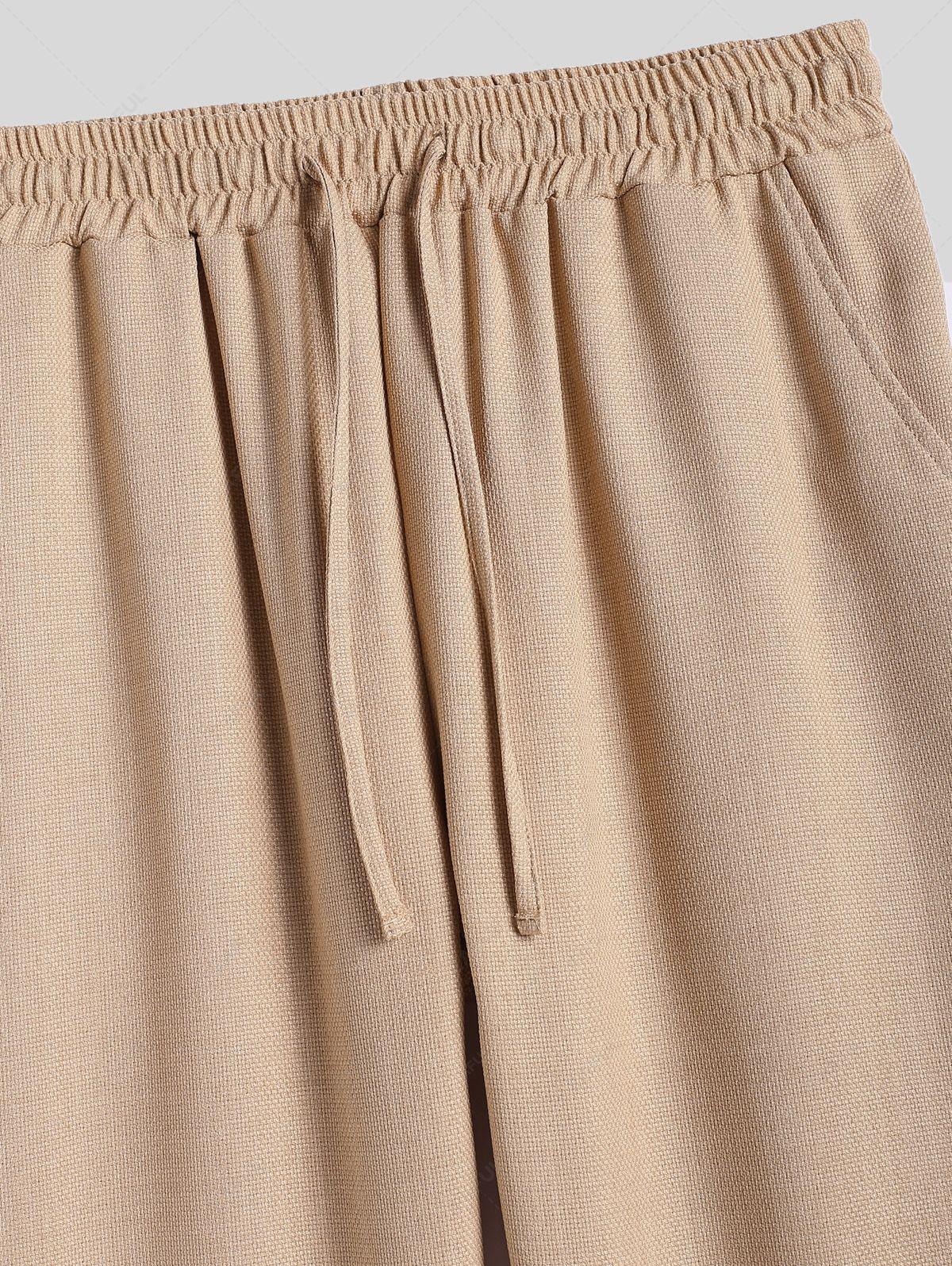 Men\'s Cotton And Linen Textured Pocket Design Camp Collar Button Up Short Sleeves Shirt And Drawstring Straight Leg Pants Set BLACK LIGHT BLUE COFFEE - PURECLO