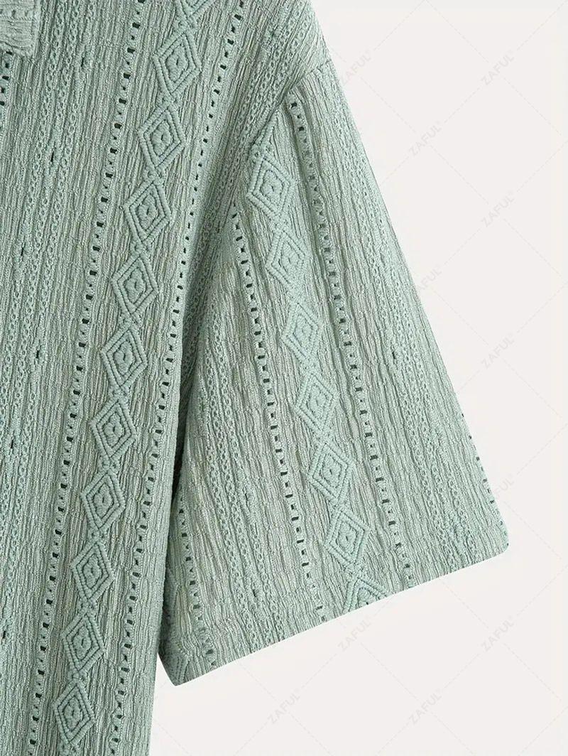 Men\'s Casual Textured Openwork Polo Collar Half Buttoned Short Sleeves Shirt And Cotton and Linen Straight Leg Pants Set LIGHT GREEN COFFEE - PURECLO