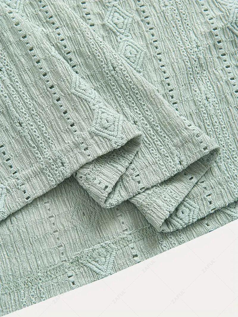 Men\'s Casual Textured Openwork Polo Collar Half Buttoned Short Sleeves Shirt And Cotton and Linen Straight Leg Pants Set LIGHT GREEN COFFEE - PURECLO