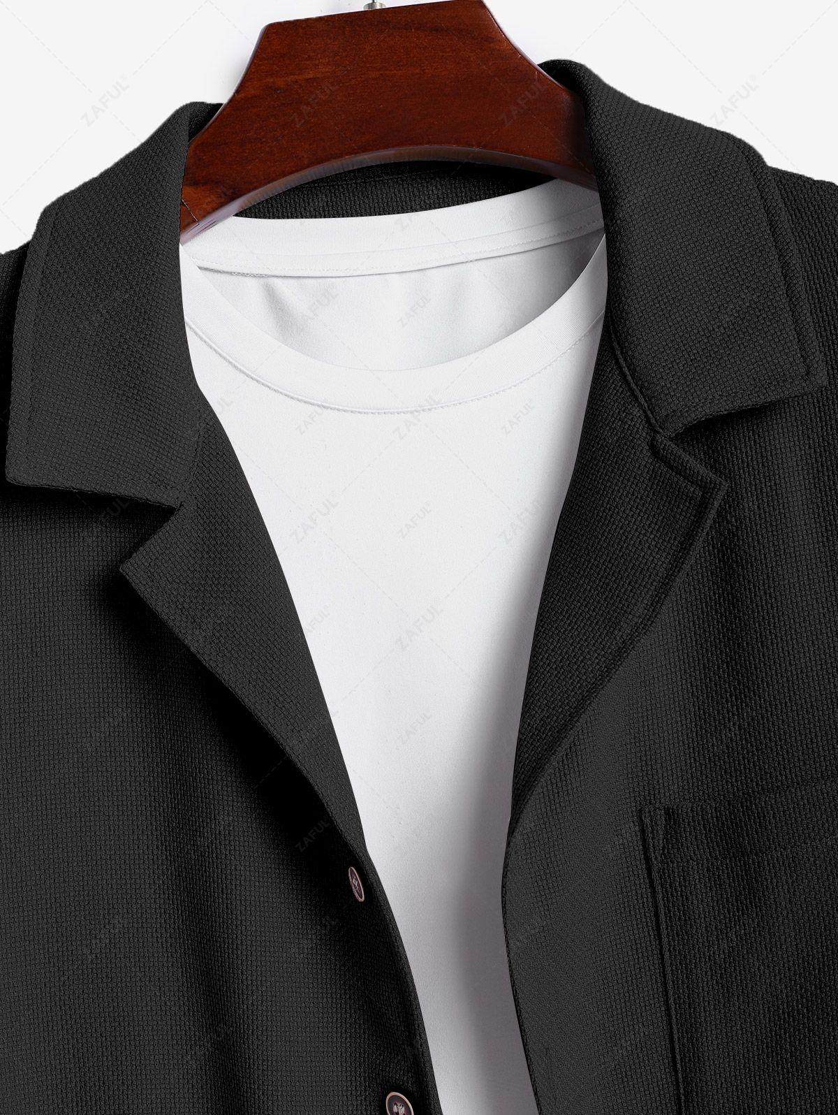 Men\'s Cotton And Linen Textured Pocket Design Camp Collar Button Up Short Sleeves Shirt And Drawstring Straight Leg Pants Set BLACK LIGHT BLUE COFFEE - PURECLO