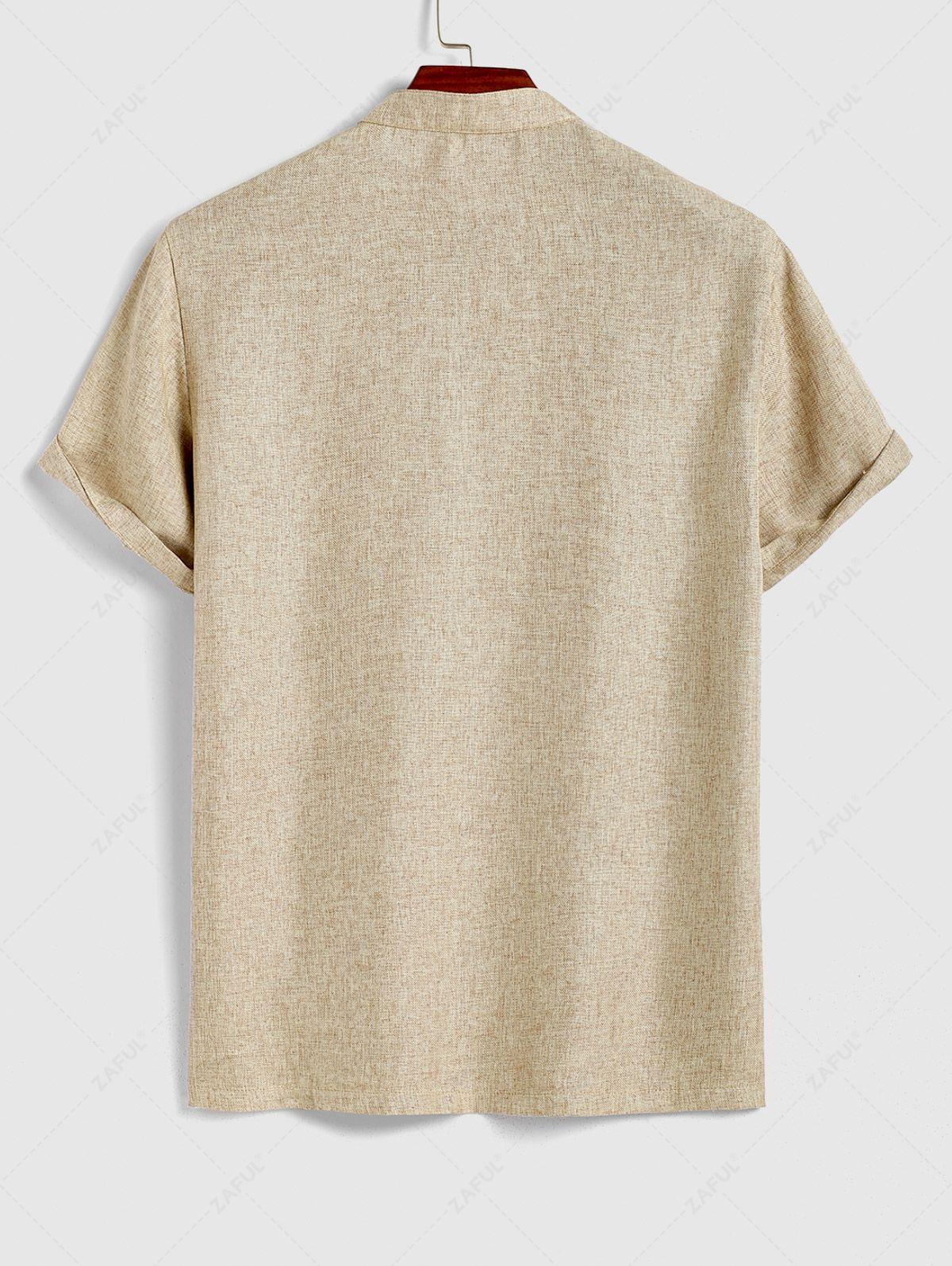 Men\'s Solid Color Linen Textured Stand Collar Half Buttoned Short Sleeves Shirt And Slant Pockets Drawstring Casual Shorts Set LIGHT COFFEE - PURECLO