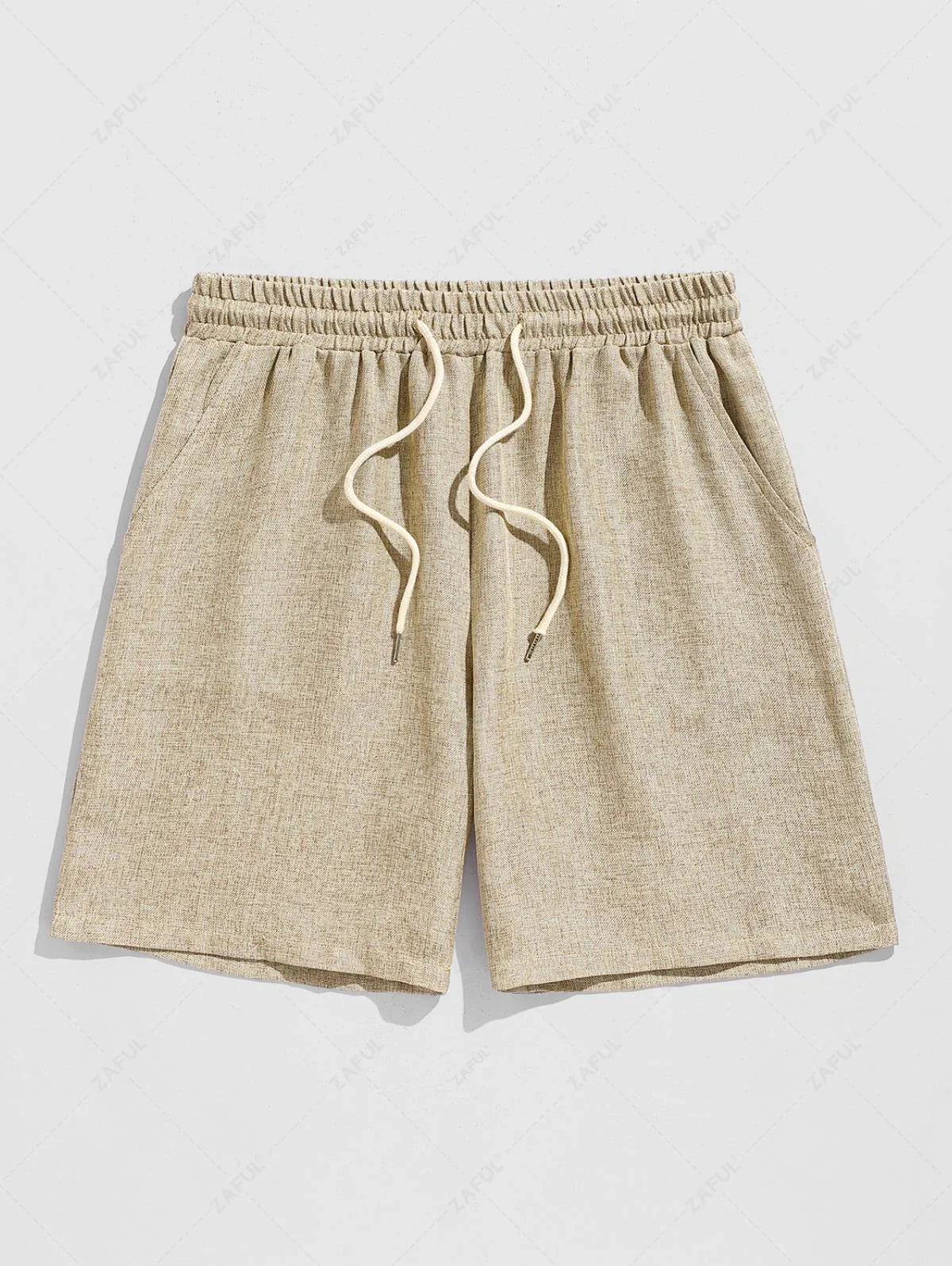 Men\'s Solid Color Linen Textured Stand Collar Half Buttoned Short Sleeves Shirt And Slant Pockets Drawstring Casual Shorts Set LIGHT COFFEE - PURECLO