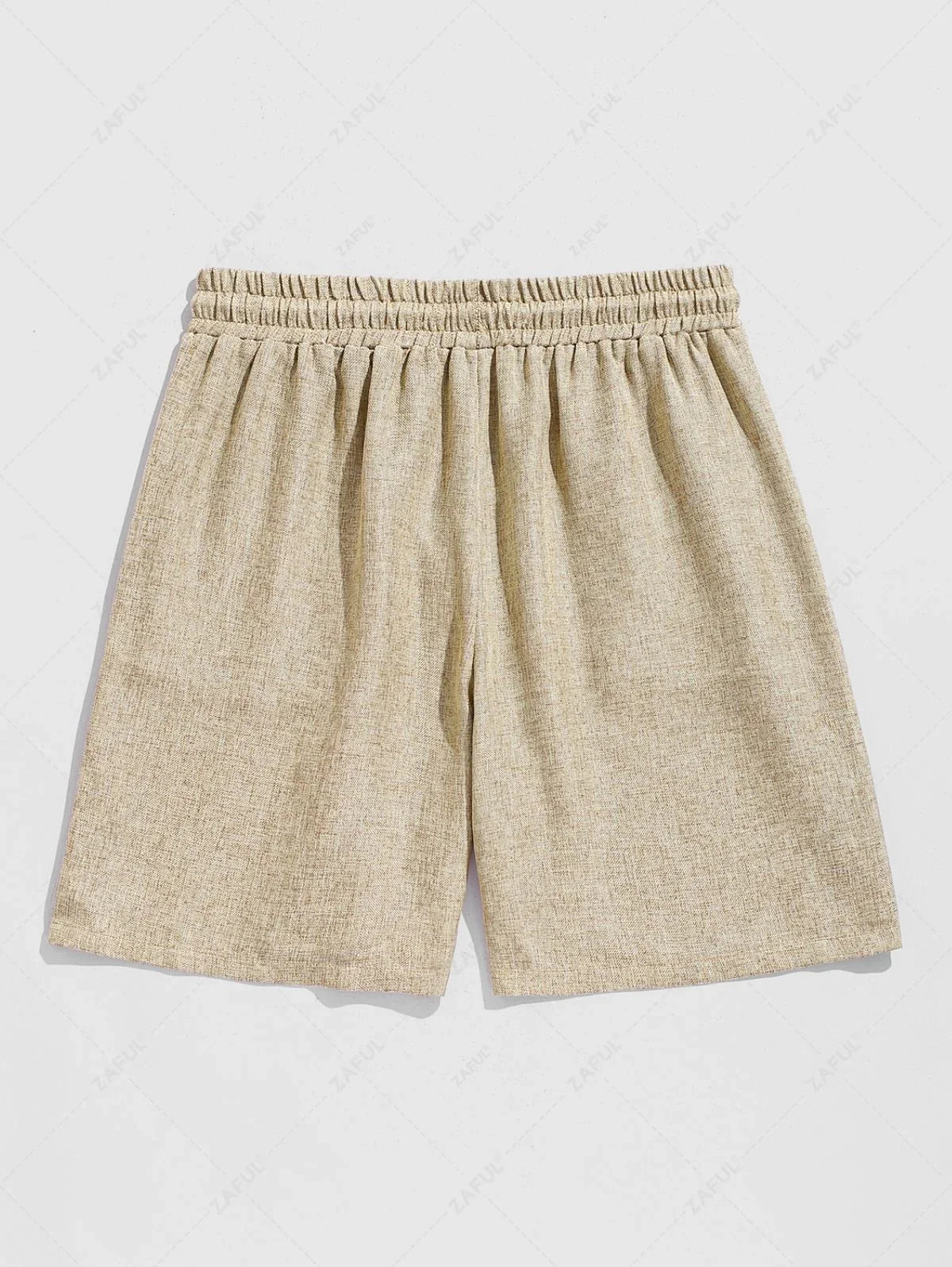 Men\'s Solid Color Linen Textured Stand Collar Half Buttoned Short Sleeves Shirt And Slant Pockets Drawstring Casual Shorts Set LIGHT COFFEE - PURECLO