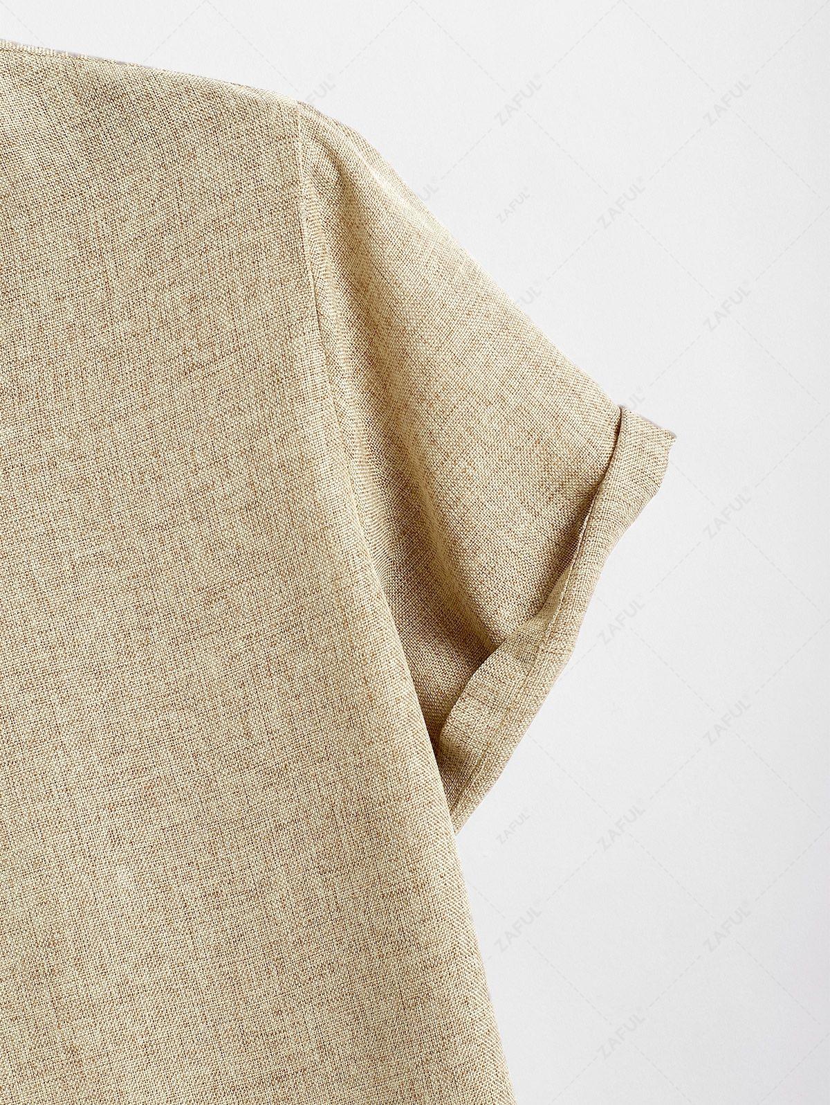 Men\'s Solid Color Linen Textured Stand Collar Half Buttoned Short Sleeves Shirt And Slant Pockets Drawstring Casual Shorts Set LIGHT COFFEE - PURECLO