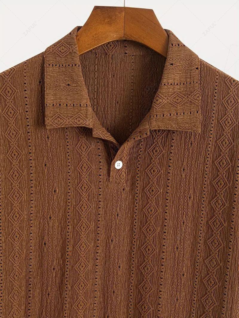 Men\'s Casual Textured Openwork Polo Collar Half Buttoned Short Sleeves Shirt And Cotton and Linen Straight Leg Pants Set LIGHT GREEN COFFEE - PURECLO