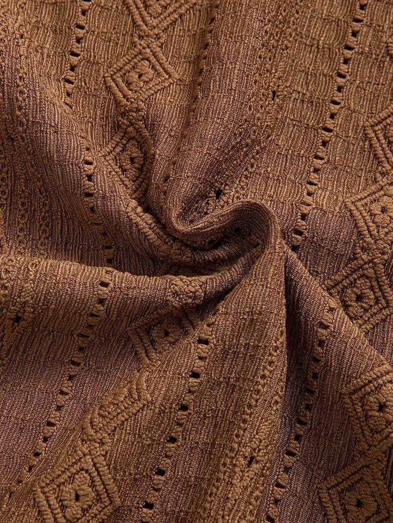 Men\'s Casual Textured Openwork Polo Collar Half Buttoned Short Sleeves Shirt And Cotton and Linen Straight Leg Pants Set LIGHT GREEN COFFEE - PURECLO