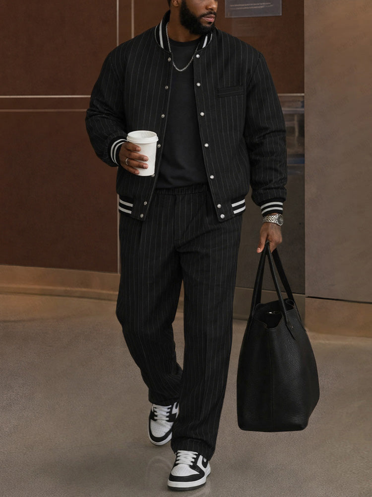 Casual Striped Bomber Jacket Pants Set