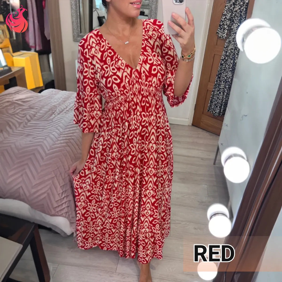 Lässiges langes Kleid im Boho-Stil mit V-Ausschnitt, geraffter Taille und Print – Letzter Tag im Angebot: 70 % Rabatt 