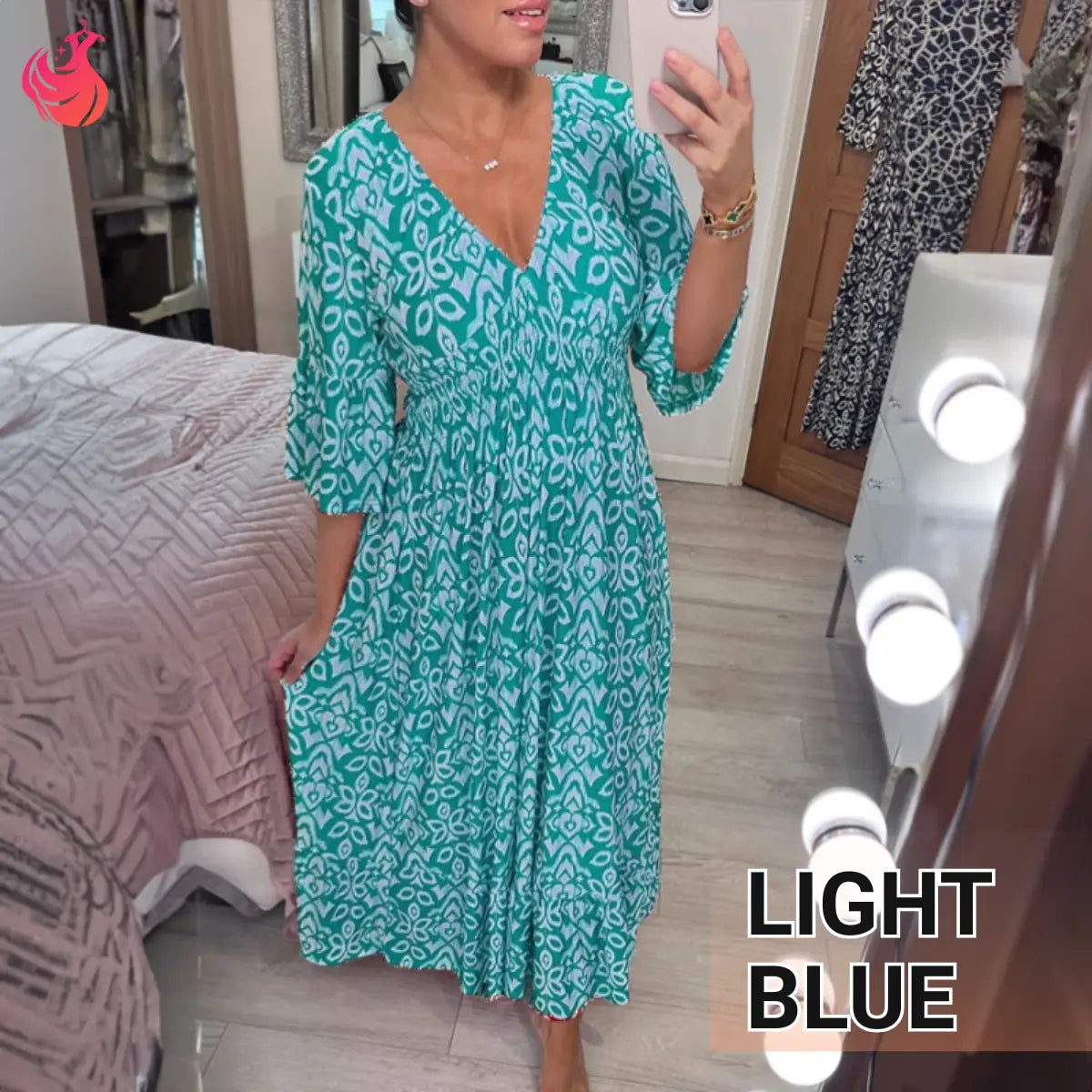 Lässiges langes Kleid im Boho-Stil mit V-Ausschnitt, geraffter Taille und Print – Letzter Tag im Angebot: 70 % Rabatt 