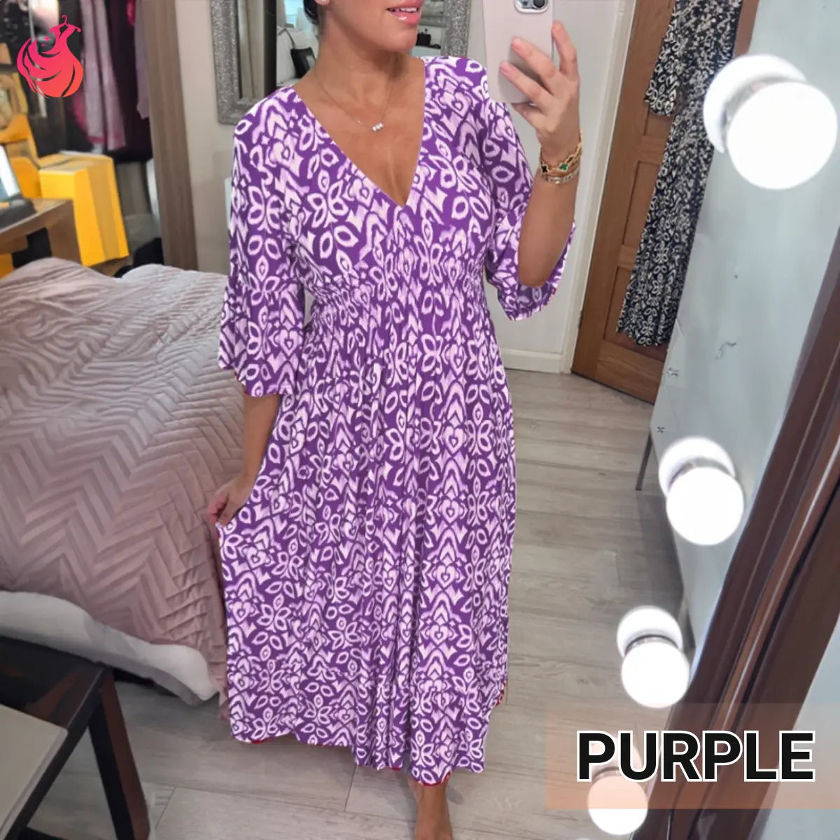 Lässiges langes Kleid im Boho-Stil mit V-Ausschnitt, geraffter Taille und Print – Letzter Tag im Angebot: 70 % Rabatt 