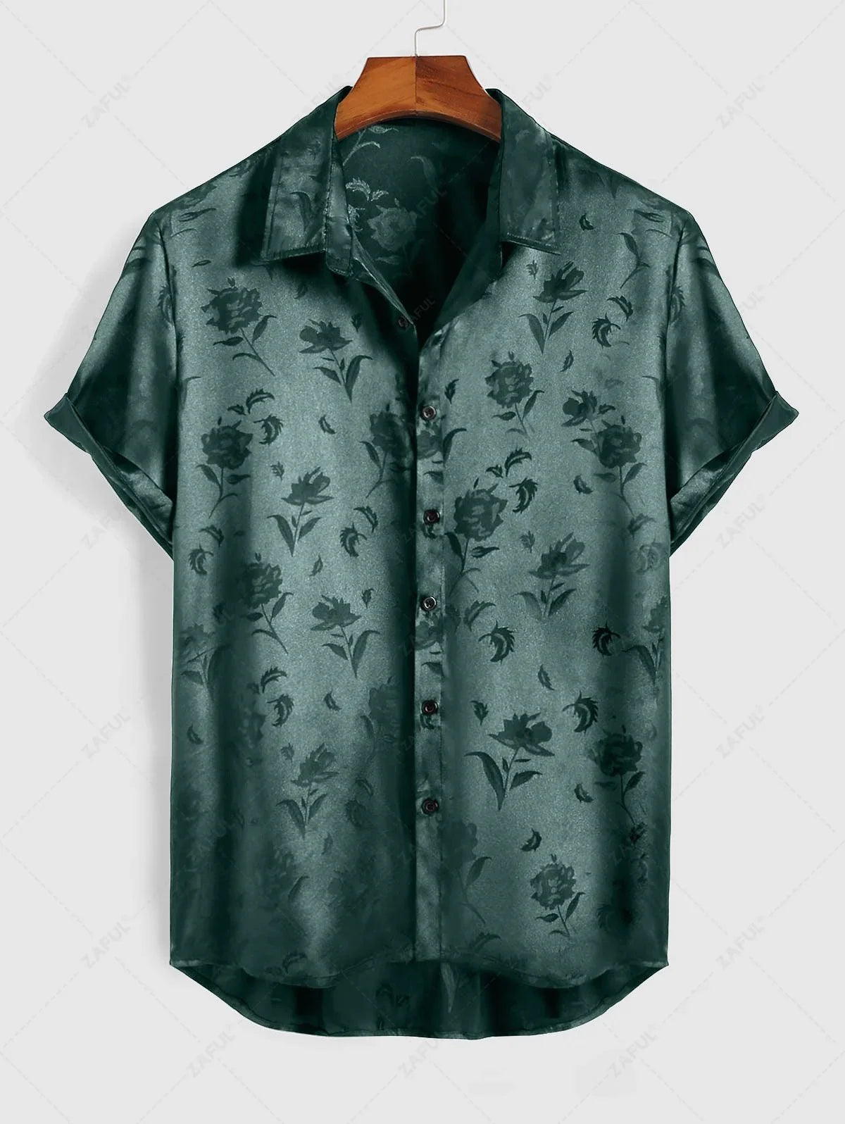 Men\'s Jacquard Silky Satin Floral Print Rose Pattern Button Front Short Sleeve Shirt And Shorts Set BLACK DEEP RED DEEP BLUE DEEP GREEN - PURECLO