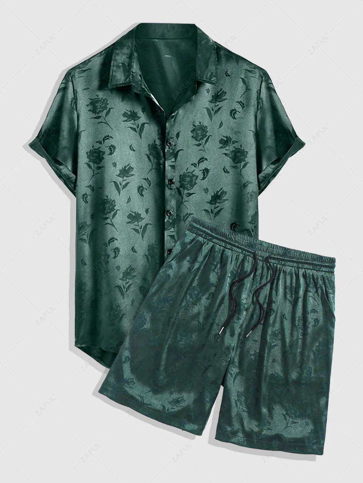 Herren-Set aus Jacquard-Seidensatin mit floralem Rosenmuster, Kurzarmhemd und Shorts, Schwarz, Dunkelrot, Dunkelblau, Dunkelgrün