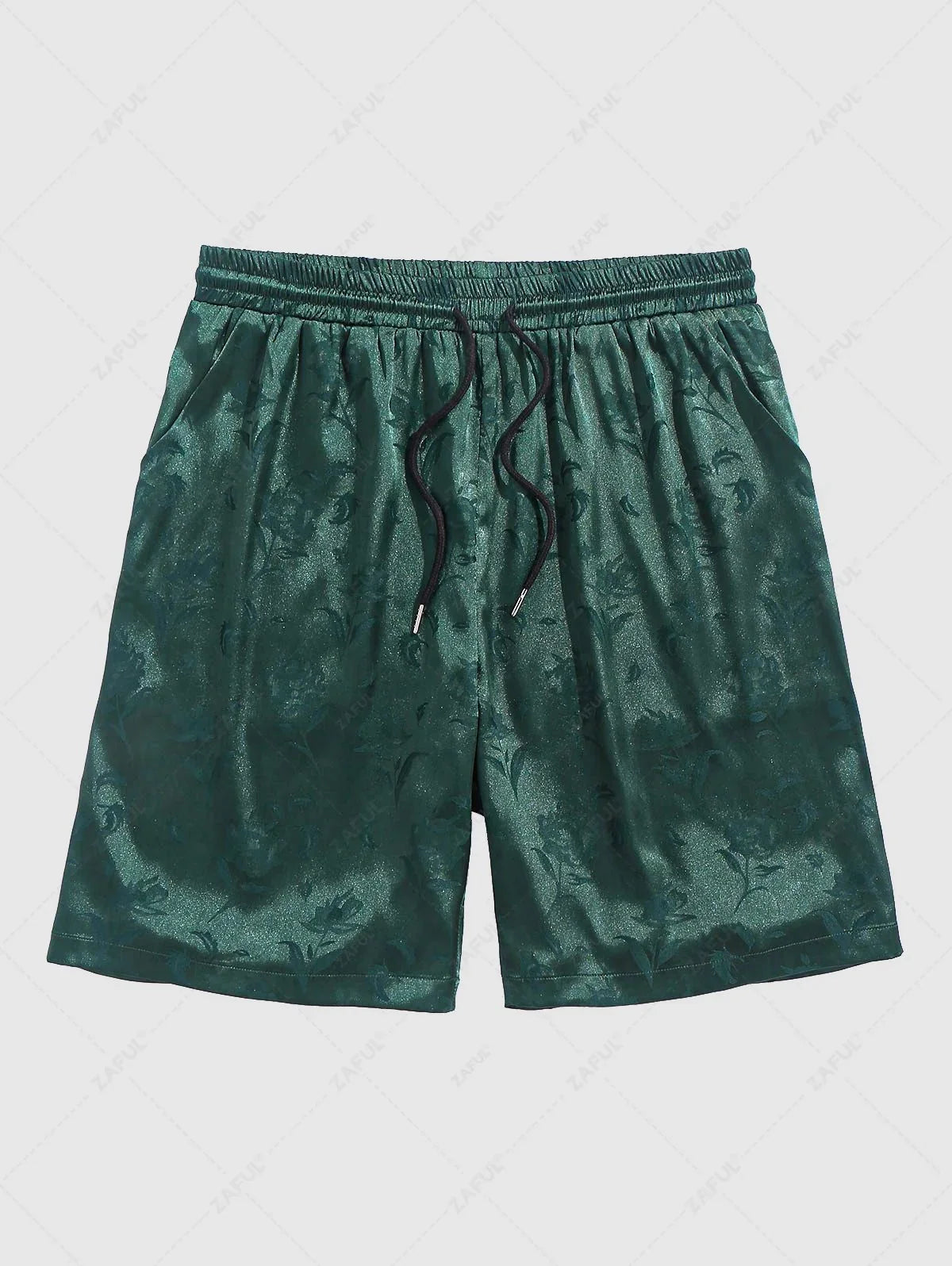 Men\'s Jacquard Silky Satin Floral Print Rose Pattern Button Front Short Sleeve Shirt And Shorts Set BLACK DEEP RED DEEP BLUE DEEP GREEN - PURECLO