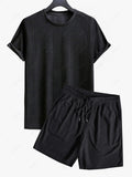 Jacquard Terry Cloth Textured Short Sleeves T Shirt With Shorts Two Piece Set BLACK LIGHT BLUE LIGHT COFFEE WHITE - PURECLO