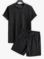 Jacquard Terry Cloth Textured Short Sleeves T Shirt With Shorts Two Piece Set BLACK LIGHT BLUE LIGHT COFFEE WHITE - PURECLO