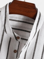Men\'s Half Buttoned Casual Vertical Striped Office Pullover Shirt and Basic Casual Shorts Set BLUE WHITE - PURECLO