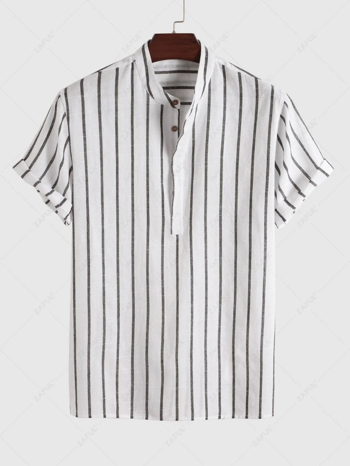 Men\'s Half Buttoned Casual Vertical Striped Office Pullover Shirt and Basic Casual Shorts Set BLUE WHITE - PURECLO