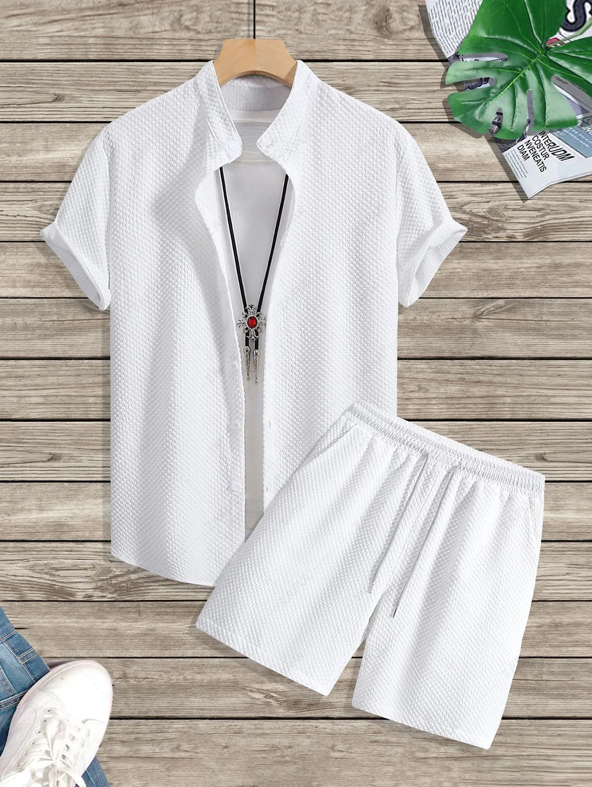 Men\'s Matching Two Piece Co Ord Solid Color Textured Button Up Short Sleeves Shirt and Drawstring Casual Shorts Set LIGHT BLUE WHITE - PURECLO