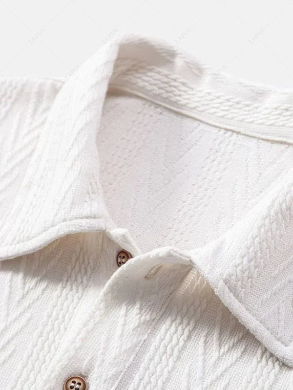 Men\'s Solid Color Jacquard Textured Polo Collar Half Buttoned Short Sleeves T-shirt and Cotton and Linen Straight Leg Pants Set BLACK COFFEE - PURECLO