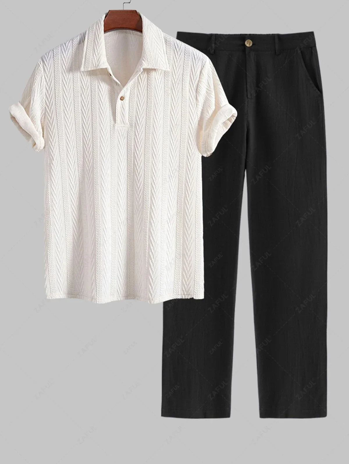 Herren-T-Shirt mit Jacquard-Muster, Polokragen, halb geknöpften Ärmeln und gerader Hose aus Baumwolle und Leinen, Farbe: Schwarz-Kaffee