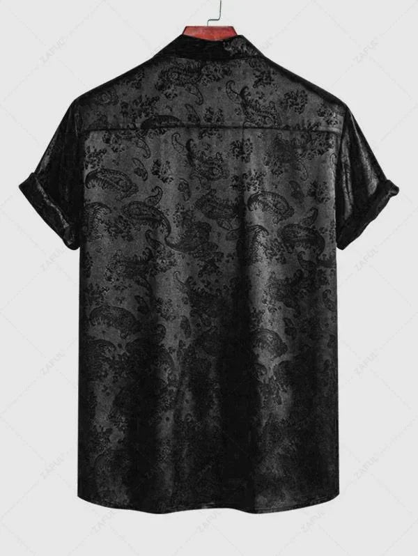 Men\'s Button Up Short Sleeves Paisley Jacquard Silky Satin Shirt and Drawstring Pockets Casual Shorts Set DEEP GREEN BLACK - PURECLO