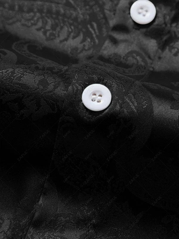 Men\'s Button Up Short Sleeves Paisley Jacquard Silky Satin Shirt and Drawstring Pockets Casual Shorts Set DEEP GREEN BLACK - PURECLO