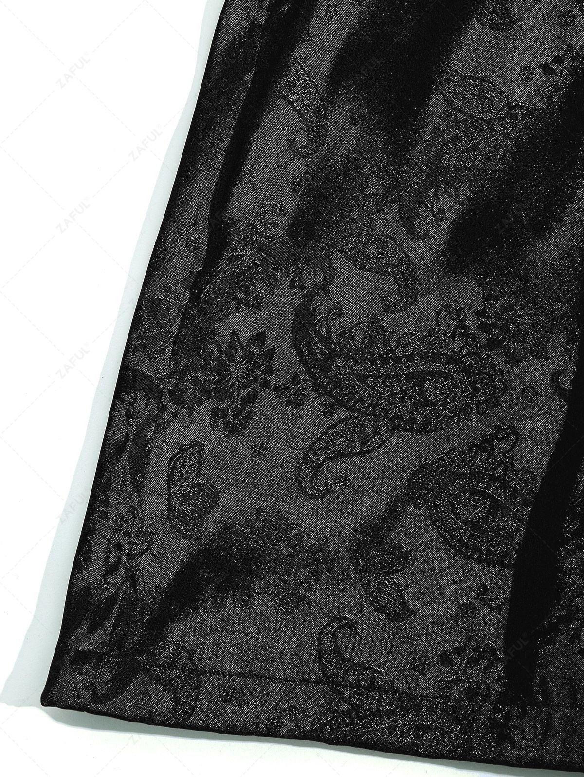 Men\'s Button Up Short Sleeves Paisley Jacquard Silky Satin Shirt and Drawstring Pockets Casual Shorts Set DEEP GREEN BLACK - PURECLO