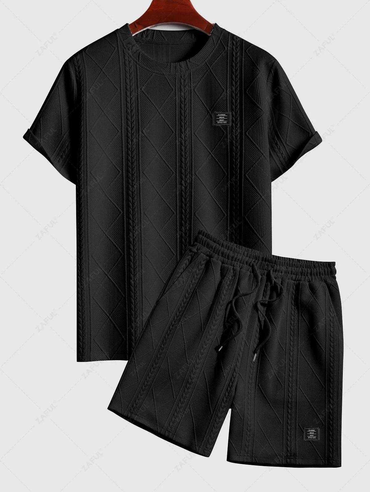ZAFUL Herren Zweiteiler-Set: Rundhals-T-Shirt mit kurzen Ärmeln, Zopfmuster, geometrischem Jacquard-Muster und passende Shorts mit Kordelzug, SCHWARZ WEISS