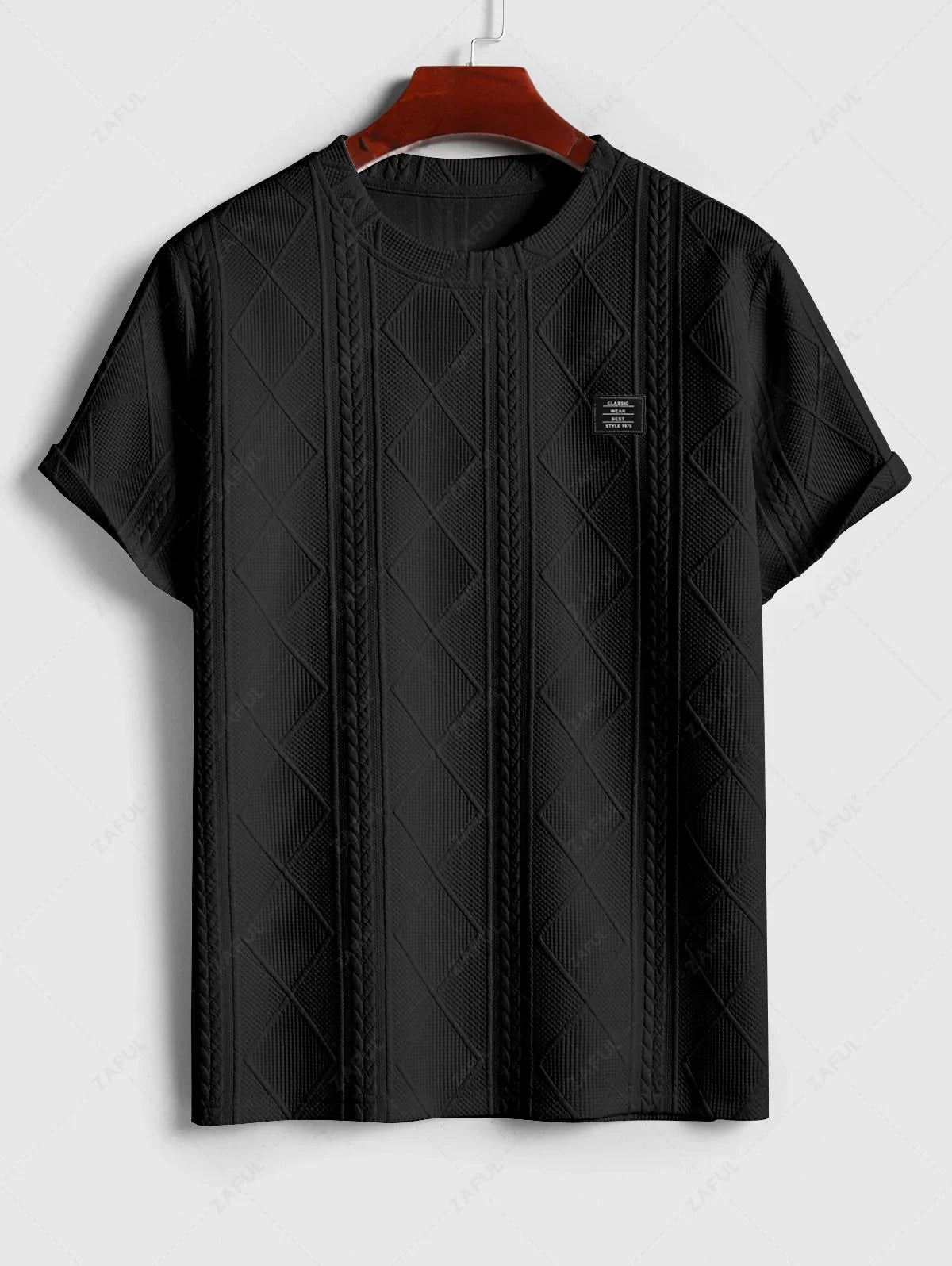 ZAFUL Men\'s Matching Two Piece Co Ord Crew Neck Short Sleeves Cable Geometric Jacquard Textured T-shirt and Drawstring Casual Shorts Set BLACK WHITE - PURECLO