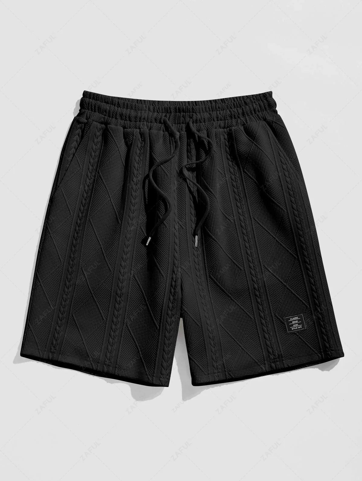 ZAFUL Men\'s Matching Two Piece Co Ord Crew Neck Short Sleeves Cable Geometric Jacquard Textured T-shirt and Drawstring Casual Shorts Set BLACK WHITE - PURECLO