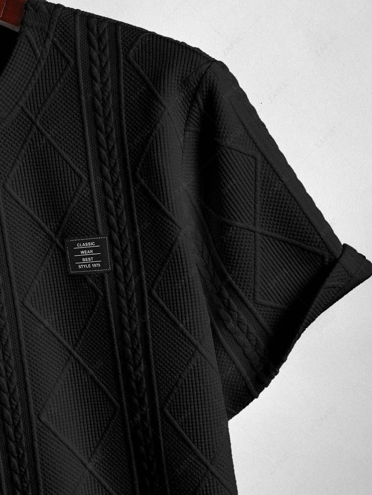 ZAFUL Men\'s Matching Two Piece Co Ord Crew Neck Short Sleeves Cable Geometric Jacquard Textured T-shirt and Drawstring Casual Shorts Set BLACK WHITE - PURECLO