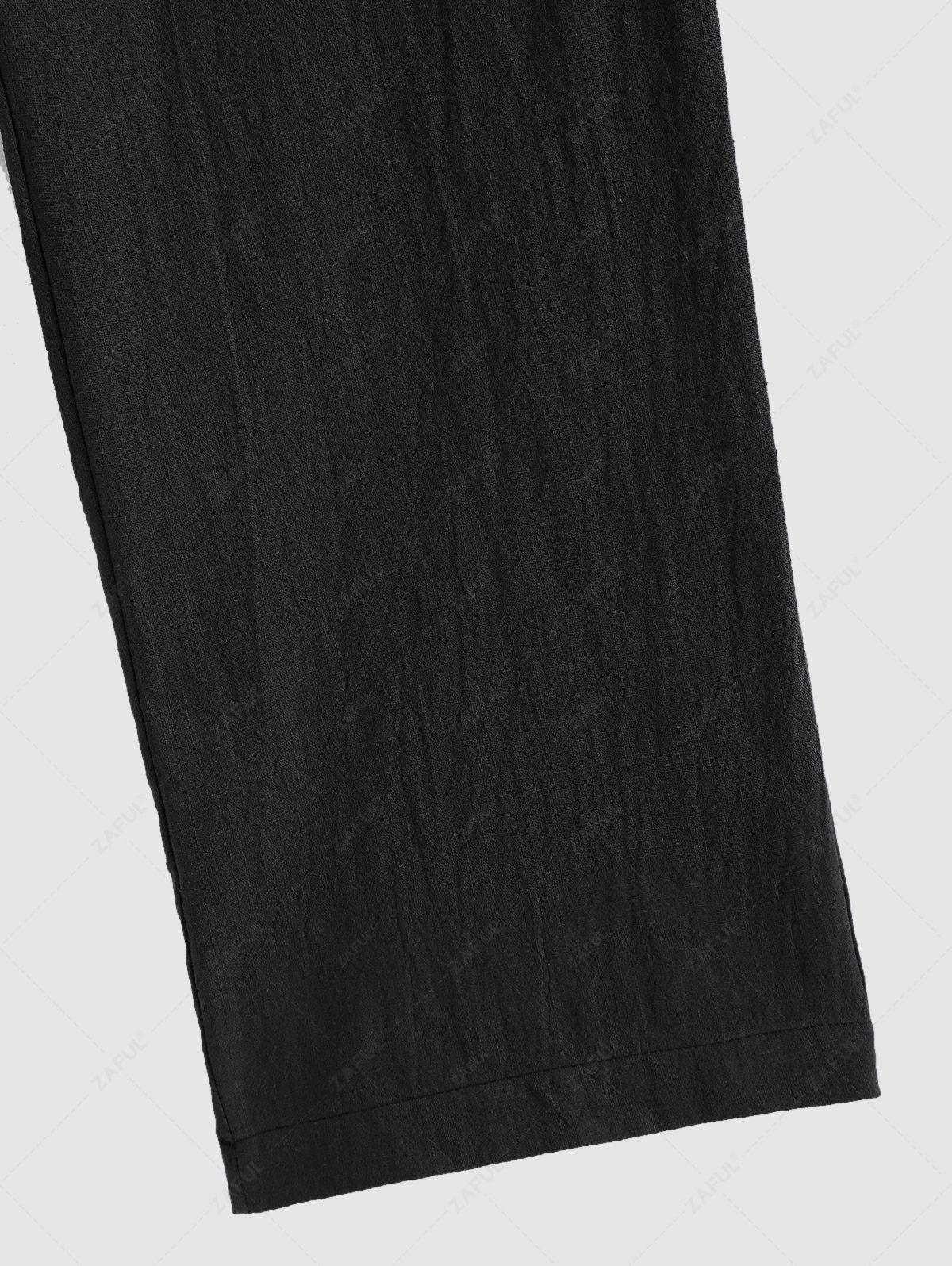 Men\'s Solid Color Ribbed Camp Collar Button Up Short Sleeves Shirt and Cotton and Linen Straight Leg Pants Set BLACK MULTI WHITE - PURECLO