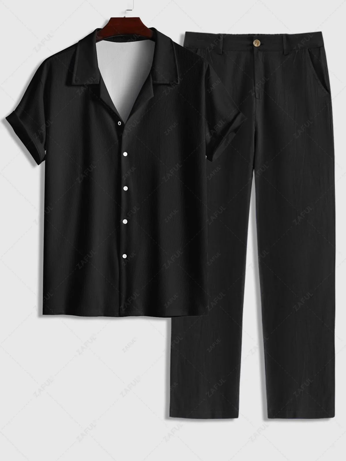 Men\'s Solid Color Ribbed Camp Collar Button Up Short Sleeves Shirt and Cotton and Linen Straight Leg Pants Set BLACK MULTI WHITE - PURECLO