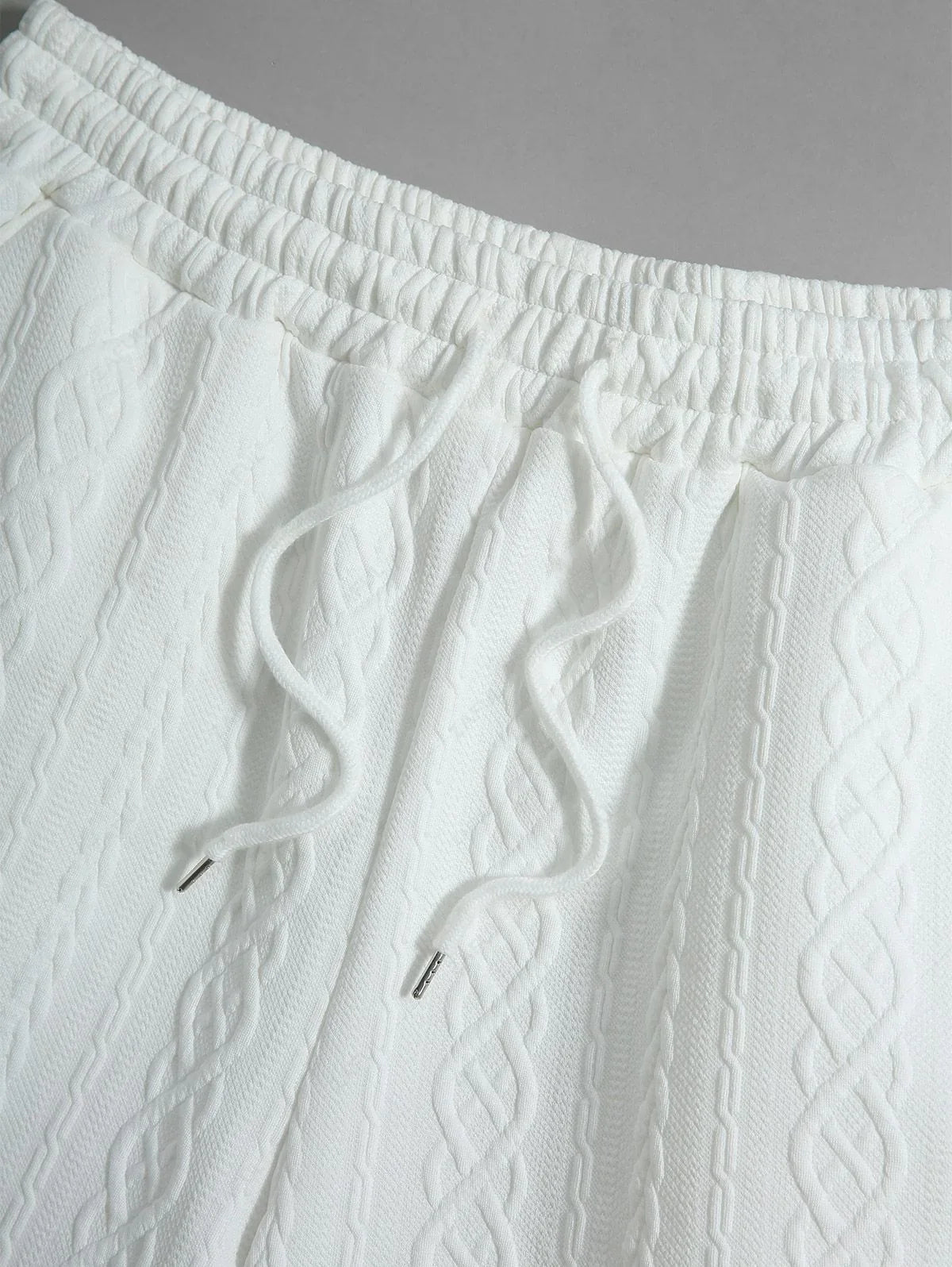 Men\'s Solid Color Cable Knit Jacquard Textured Button Up Short Sleeves Shirt And Drawstring Shorts Set WHITE BLACK COFFEE - PURECLO