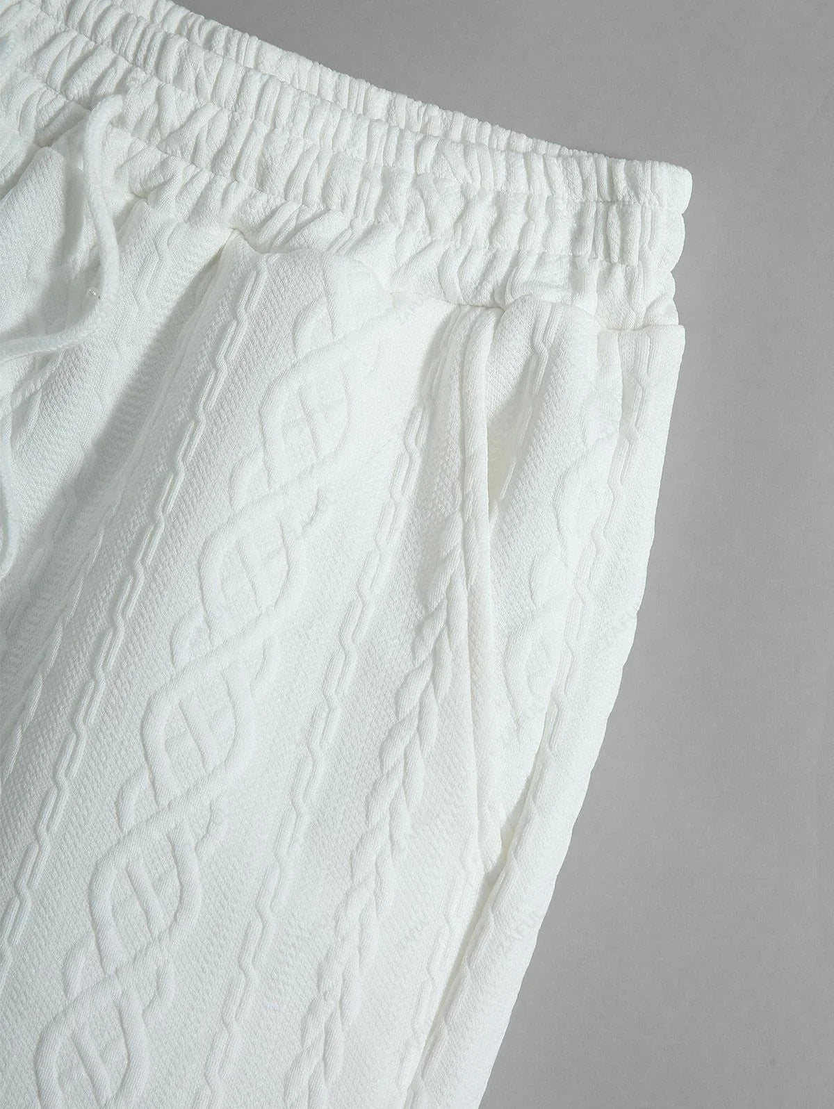 Men\'s Solid Color Cable Knit Jacquard Textured Button Up Short Sleeves Shirt And Drawstring Shorts Set WHITE BLACK COFFEE - PURECLO